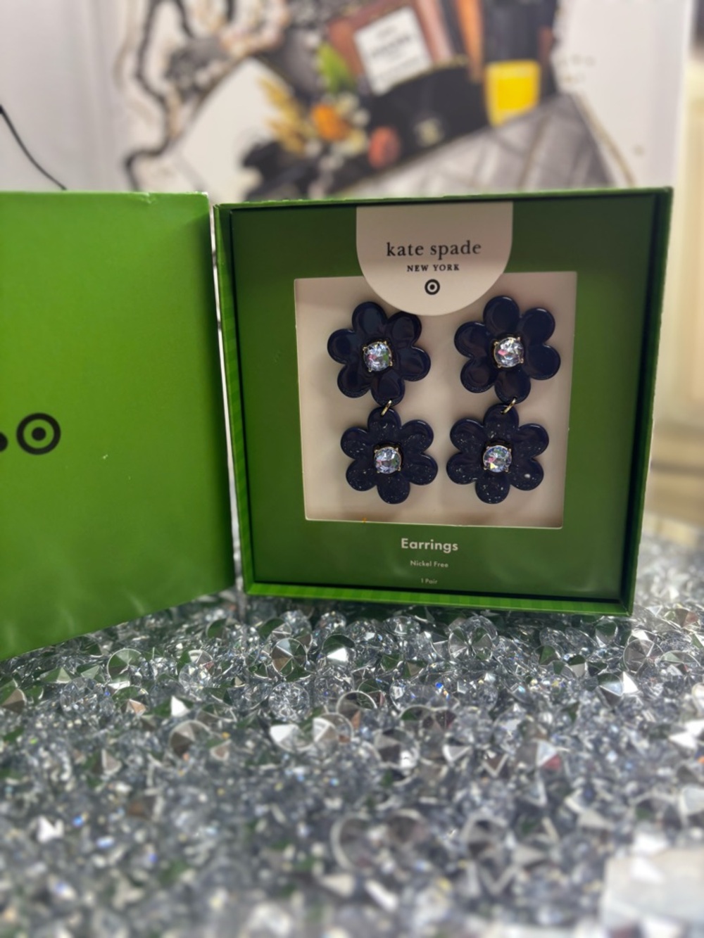kate spade navy double flower dangle earrings for kids - Picture 7 of 8